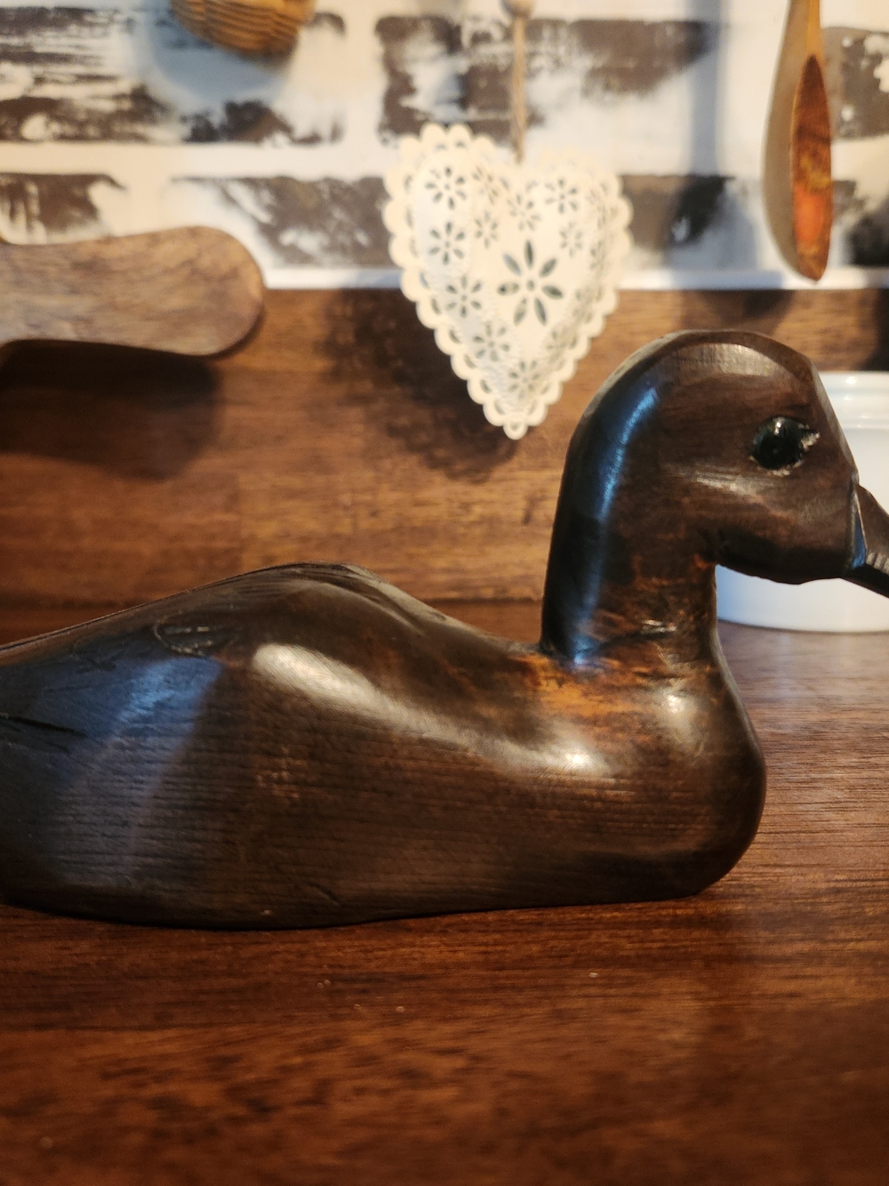 Vintage Dark-stained Hand-carved Wooden Duck Figurine